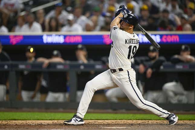 Jul 24, 2023; Minneapolis, Minnesota, USA;  Minnesota Twins infielder Alex Kirilloff (19) hits a double against the Seattle Mariners during the ninth inning at Target Field.