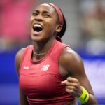 Coco Gauff, of the United States, reacts during a match against Aryna Sabalenka, of Belarus, during the women's singles final of the U.S. Open tennis championships, Saturday, Sept. 9, 2023, in New York. (AP Photo/Charles Krupa)