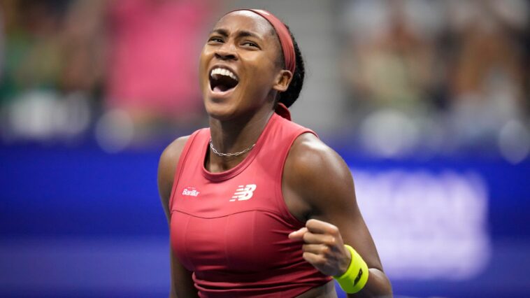 Coco Gauff, of the United States, reacts during a match against Aryna Sabalenka, of Belarus, during the women's singles final of the U.S. Open tennis championships, Saturday, Sept. 9, 2023, in New York. (AP Photo/Charles Krupa)