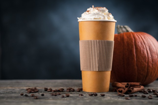 Pumpkin spice latte in a paper cup on dark background