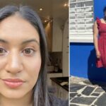 Left: picture of Naeemah Dudan's face looking directly into the camera; right: Naeemah Dudan wearing a red dress, standing in front of a blue wall on a cobbly patterned street.