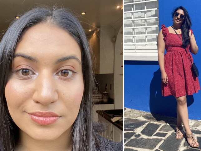 Left: picture of Naeemah Dudan's face looking directly into the camera; right: Naeemah Dudan wearing a red dress, standing in front of a blue wall on a cobbly patterned street.