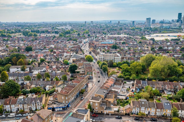 Aerial photo from a drone of Leyton High Street, High Road, Leyton, East London, Waltham Forest, London, UK.