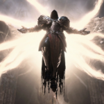 Screenshot from Diablo IV featuring the angel Inarius descending from on high upon wings that are tendrils of light