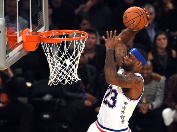 East NBA All Star  LeBron James (Cavaliers) goes to the basket during the 64th NBA All-Star Game at Madison Square Garden in New York  February 15, 2015.