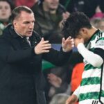 GLASGOW, SCOTLAND - OCTOBER 25: Celtic manager Brendan Rodgers comforts Reo Hatate after he is being forced off injured during a UEFA Champions League match between Celtic and Atletico de Madrid at Celtic Park, on October 25, 2023, in Glasgow, Scotland. (Photo by Rob Casey / SNS Group)