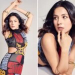 Shehnaaz Gill looks stylish in a multi-coloured cut-out dress