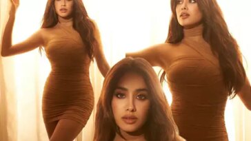 Janhvi Kapoor looks mesmerising in a stunning brown bodycon dress. See pics