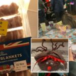 Three-way split image, showing (L-R) a packet of pigs in blankets with reduced sticker, handmade gifts and Stacey's kids at a festive event