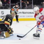 LAS VEGAS, NEVADA - OCTOBER 30: Nick Suzuki #14 of the Montreal Canadiens scores a shootout goal against Adin Hill #33 of the Vegas Golden Knights in overtime of their game at T-Mobile Arena on October 30, 2023 in Las Vegas, Nevada. The Golden Knights defeated the Canadiens 3-2 in a shootout. (Photo by Ethan Miller/Getty Images)