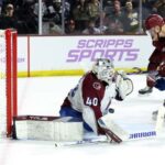 TEMPE, ARIZONA - NOVEMBER 30: Nick Bjugstad #17 of the Arizona Coyotes scores the game winning goal against Alexandar Georgiev #40 of the Colorado Avalanche during the overtime period at Mullett Arena on November 30, 2023 in Tempe, Arizona. (Photo by Zac BonDurant/Getty Images)