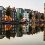 New modern residential buildings along the canal in the Vathorst district in Amersfoort.