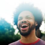 Excited man looking up