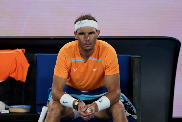 FILE PHOTO: Tennis - Australian Open - Melbourne Park, Melbourne, Australia - January 18, 2023 Spain's Rafael Nadal reacts during his second round match against Mackenzie Mcdonald of the U.S.