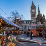 Christmas Markets in Albert Square near the Town Hall of Manchester in the nortwest of England