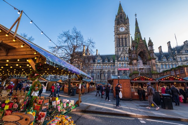 Christmas Markets in Albert Square near the Town Hall of Manchester in the nortwest of England