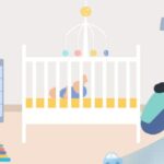 Illustration of mum in despair by a baby cot