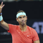 Rafael Nadal of Spain waves to the crowd in his match against Dominic Thiem of Austria during the Brisbane International tennis tournament in Brisbane, Australia, Tuesday, Jan. 2, 2024.