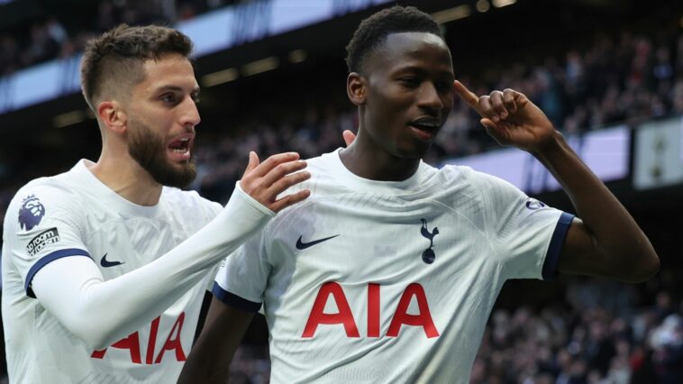 Tottenham's Pape Matar Sarr celebrates after scoring his side's opening goal