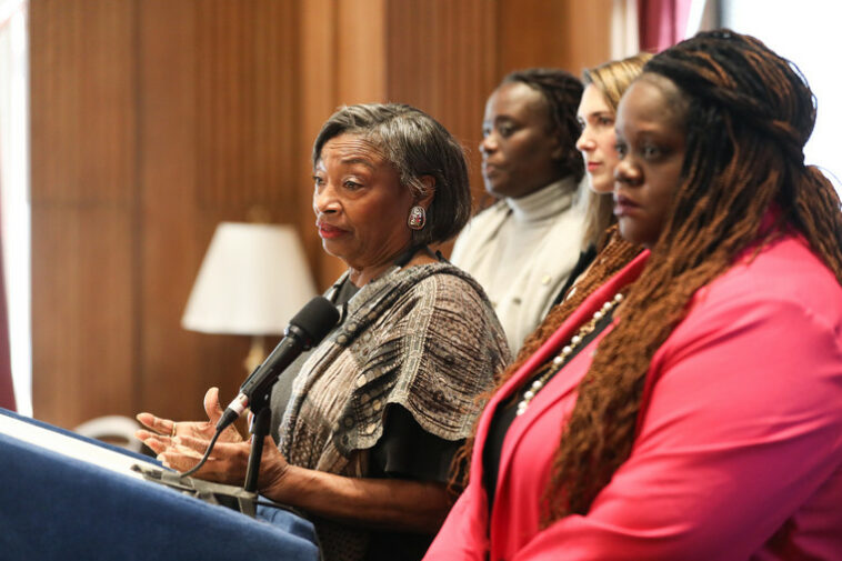 NYS Senate Majority Leader Andrea Stewart-Cousins speaks at a press conference.