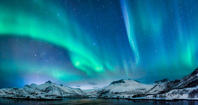 Aurora borealis over in the dark night sky over the snowy mountains in the Lofoten