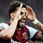 Lucas Paqueta celebrates after setting up Jarrod Bowen's opening goal against Manchester United