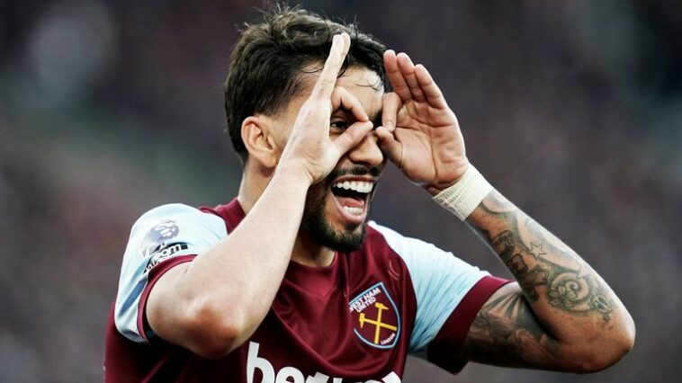 Lucas Paqueta celebrates after setting up Jarrod Bowen's opening goal against Manchester United