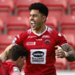 Salford Red Devils' Sam Stone (second right) celebrates their side's first try of the game during the Betfred Super League match at the Salford Community Stadium, Salford. Picture date: Sunday February 25, 2024.