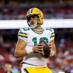 Jordan Love of the Green Bay Packers looks to throw a pass during pregame warmups before an NFC divisional round playoff football game against the San Francisco 49ers at Levi’s Stadium on January 20, 2024 in Santa Clara, California.