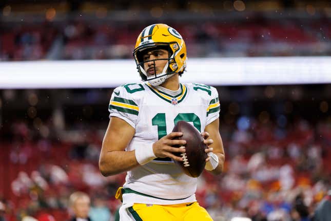 Jordan Love of the Green Bay Packers looks to throw a pass during pregame warmups before an NFC divisional round playoff football game against the San Francisco 49ers at Levi’s Stadium on January 20, 2024 in Santa Clara, California.