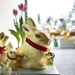 Lindt's Easter bunny in gold wrapping paper, all in different sizes