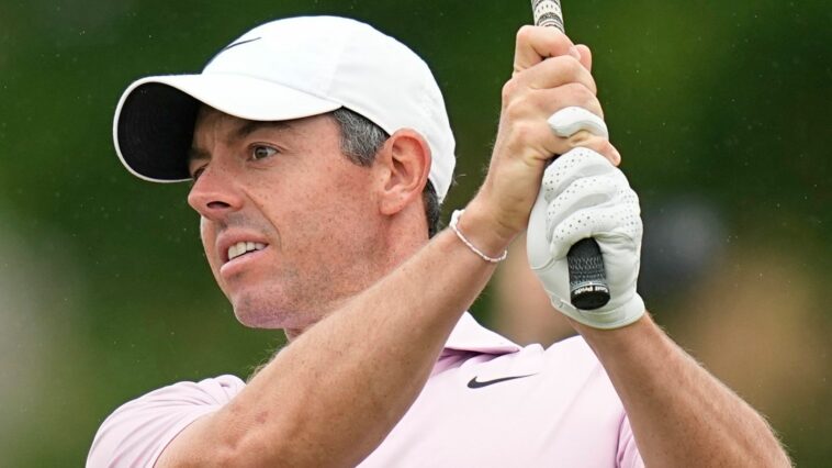 Rory McIlroy, of Northern Ireland, watches his tee shot on the second hole during the third round of the Texas Open golf tournament, Saturday, April 6, 2024, in San Antonio. (AP Photo/Eric Gay)