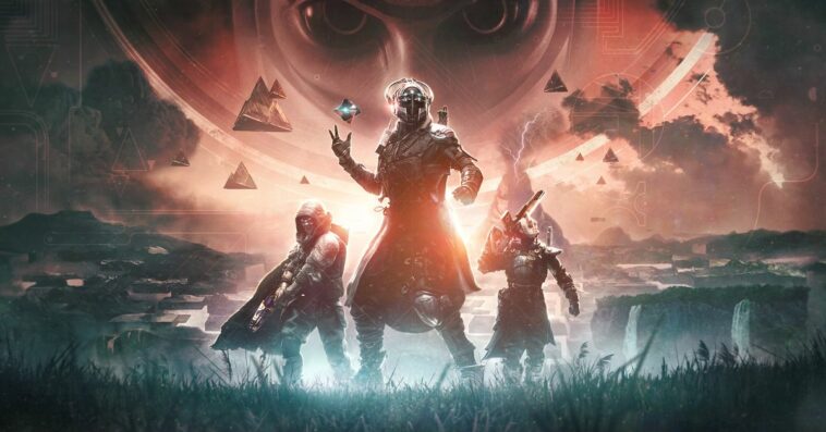 Illustration of Destiny 2 characters looking into the distance in a cool pose as a figure overhead glares ominously with beady eyes