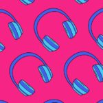 Rows of blue headphones floating diagonally against a pink background.