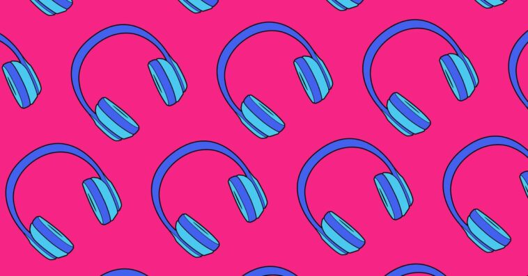 Rows of blue headphones floating diagonally against a pink background.