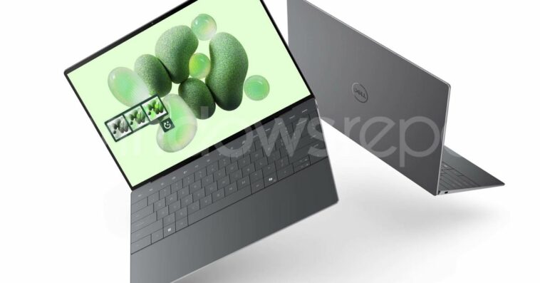 dell laptops floating back to back and opened showing slimness, green wallpaper screen with balloons, there's a copilot key on the bottom keyboard row