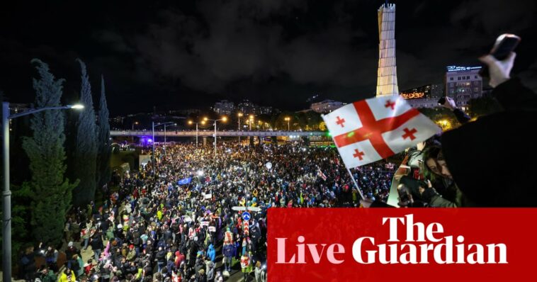 Georgia protests: prime minister hits back at US concerns over ‘foreign agents’ law as thousands close major intersection in Tbilisi – live