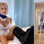 Content creator Chloe Welsh wears crutches and a fake cast