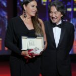 Karla Sofía Gascón with Hirokazu Kore-eda Emilia Perez Cannes.