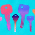 Illustration showing six different multicolored door keys on a light blue background.