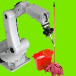 Robot arm, mop, and bucket on a green backround