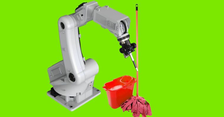 Robot arm, mop, and bucket on a green backround