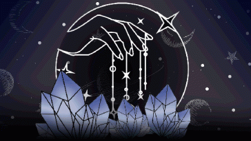 Gif shows celestial hand holding stars over crystals