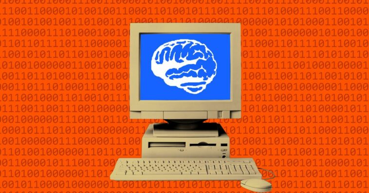 Photo illustration of a computer with a brain on the screen.