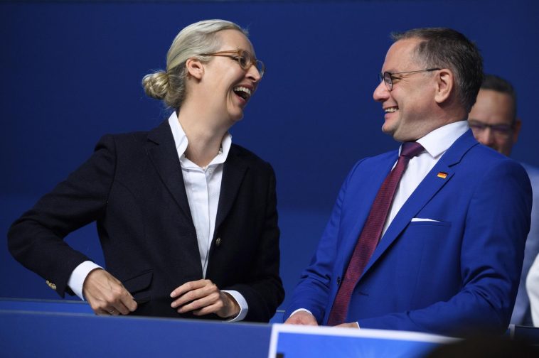 German far-right party re-elects its leaders after election gains, while opponents protest