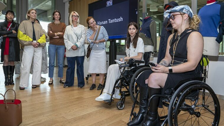 Floriane de Saint-Pierre, Astrid de Montessus, Andrée-Anne Lemieux, Isabelle Lefort, Virginie Dubost and Louise Linderoth attend the prize ceremony for the Grand Prix Inclusive Design at the Institut Français de la Mode in Paris.