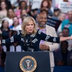 RALEIGH, NORTH CAROLINA - JUNE 28: First Lady Jill Biden, with "VOTE" printed on her dress, speaks at a post-debate campaign rally on June 28, 2024 in Raleigh, North Carolina. Last night President Biden and Republican presidential candidate, former U.S. President Donald Trump faced off in the first presidential debate of the 2024 campaign. (Photo by Allison Joyce/Getty Images)