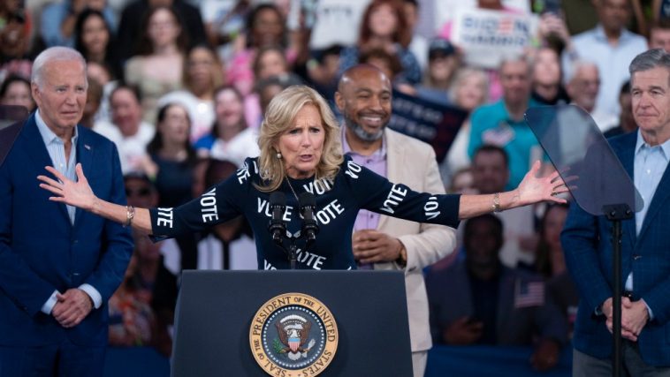 RALEIGH, NORTH CAROLINA - JUNE 28: First Lady Jill Biden, with "VOTE" printed on her dress, speaks at a post-debate campaign rally on June 28, 2024 in Raleigh, North Carolina. Last night President Biden and Republican presidential candidate, former U.S. President Donald Trump faced off in the first presidential debate of the 2024 campaign. (Photo by Allison Joyce/Getty Images)