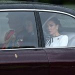 Britain's Catherine, Princess of Wales, (R) arrives with Britain's Prince William, Prince of Wales, (rear C) and their children Britain's Prince George of Wales (C) and Britain's Prince Louis of Wales (L) to Buckingham Palace before the King's Birthday Parade "Trooping the Colour" in London on June 15, 2024. The ceremony of Trooping the Colour is believed to have first been performed during the reign of King Charles II. Since 1748, the Trooping of the Colour has marked the official birthday of the British Sovereign. Over 1500 parading soldiers and almost 300 horses take part in the event. (Photo by HENRY NICHOLLS / AFP) (Photo by HENRY NICHOLLS/AFP via Getty Images)