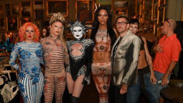 Aimee Phillips, Bimini Bon Boulash, Gottmik, Cara Melle and Henry Holland attend Berners Tavern's London Pride brunch